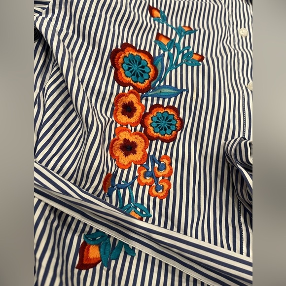 [XS/PTP:18”]Highline Collective Embroidered Floral Bird Blue Striped Shirt Dress - Picture 3 of 12